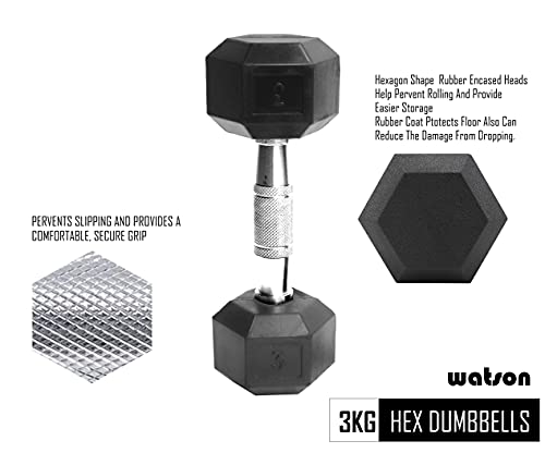 Image of Watson, dummbell set, Rubber Coated Caste Iron Hex Dumbbell, Anti Slip Grip, 3kg Hexagonal Dumbbell Single Pc For Home Gym Professional Strength Training, Weight Lifting, Workout