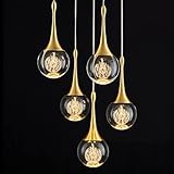 AIRYPHANT 5 Lights Crystal Pendant Light, 25W Gold Dimmable LED Teardrop Cluster Pendant Lighting Fixture for Dining Room Kitchen Living Room Foyer Hallway Bedroom 3000k Warm White