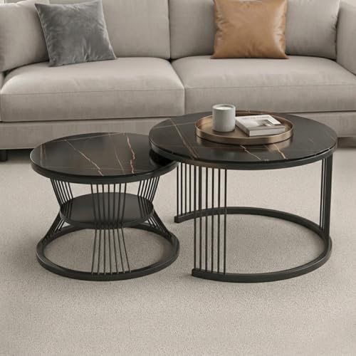 Image of Coffee Table, 20 inch Round Coffee Table Set of 2, Wooden Nesting Table with Metal Frame, Center Tables for Living Room Bedroom Balcony Bedside Table Full Black