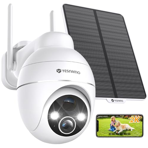 Camara Vigilancia WiFi Exterior Solar 2K sin Cables, YESNAMO Camara Solar con Batería Recargable, 360° PTZ Visión Nocturna Color, Sensor Movimiento PIR, IP66, Sin Suscripción (Blanco)