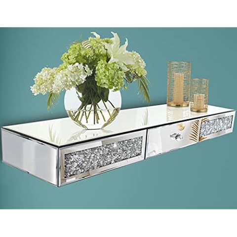 Mirrored Furniture Wall Shelf with Drawer, Crystal Diamond Floating Showcase, Silver Mirror Crushed Diamond Decorative Dressing Table, Gorgeous Bling TV Set, Wall Art Décor ,31.5" L×7.9" W×3.1" H Cover