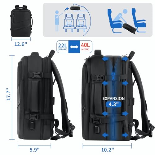 Carry On Backpack for Airplanes, 22-40L Expandable Mens Travel Backpack, Multifunctional 17.3 inch Business Laptop Backpack for Traveling on Airplane4