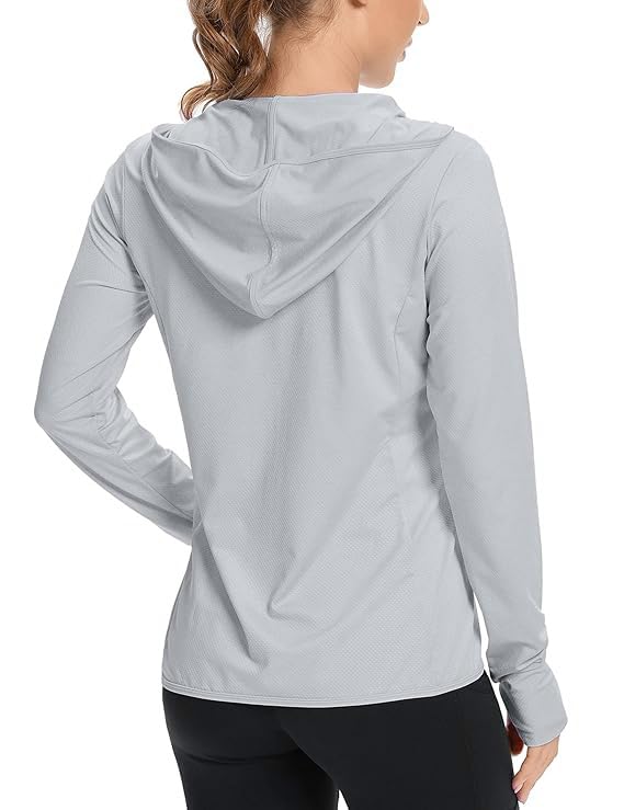 Image of Alexvyan Size-L Full Length Women's UV & Sun Protection Jacket with 4 Pocket, Light weight Summer Screen Hoodie, UPF 50+ Protection for Outdoors, Long Full Zipper Jacket- FIT 50-65 KG (Grey, Hooded)