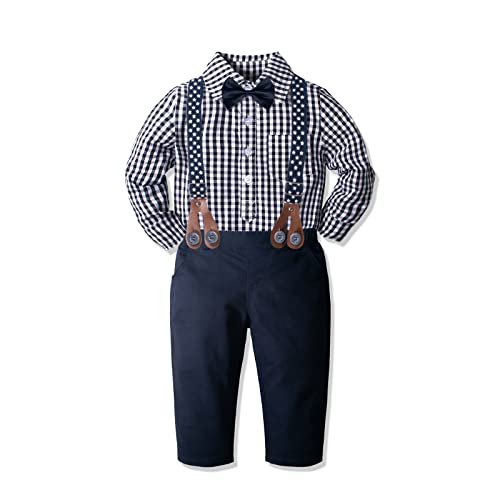 Yilaku Boys Suits Baby Dress Formal Wedding Outfits Suspender + Bow Tie + Shirt + Pants 4Piece Infant Gentleman Clothes (6-9 Months,Plaid Black) #TOP1