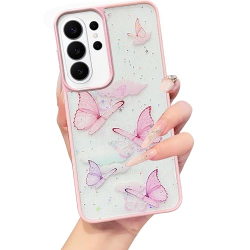Image of VONZEE for Samsung Galaxy S26 Ultra Clear Glitter Butterfly Case, Cute Bling Sparkle Shiny Soft Silicone TPU Bumper Shockproof Women Girls Slim Protective Phone Cover, Pink