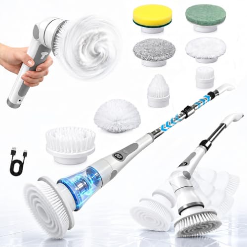 Electric Spin Scrubber, Cordless Shower Scrubber Brush with 8 Heads