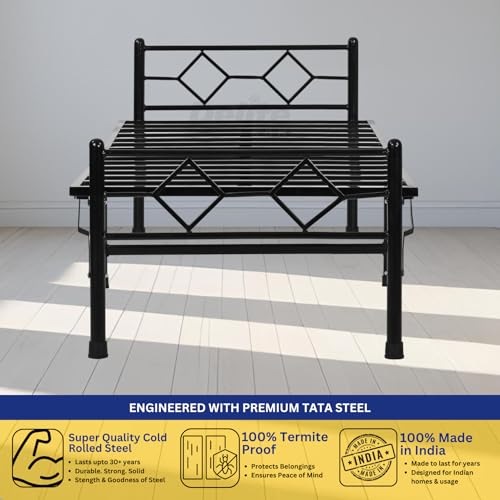 Image of DELITE KOM Dory Foldable Metal Bed | Single Size (6.4 ft x 3ft) | Portable | No Installation | Strong Steel Frame | Powder Coated | Heavy Load | for 75 inchx36 inch Mattress | Glossy Black | 1 Year Warranty