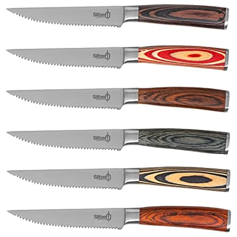 Slitzer Germany 6-Piece 9 Inch Steak Knife Set - Professional, High-Performance Serrated Knife Blades, Pakkawood Handles - Stainless Steel Hand Bolster & Butt Cover