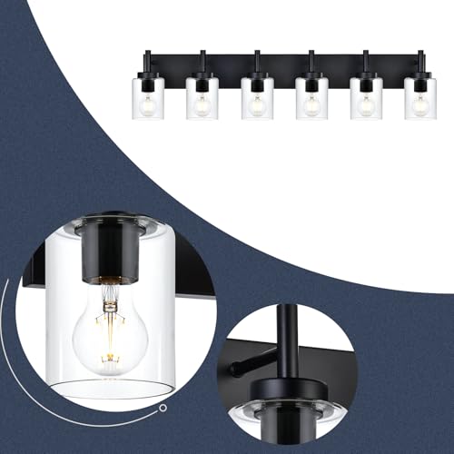 Image of BONLICHT 6 Light Bathroom Lighting Over Mirror with Clear Glass Shade, Modern Black Vanity Light Fixture Industrial Kitchen Wall Lights Farmhouse Wall Sconce Lamp for Hallway Dining Room Living Room