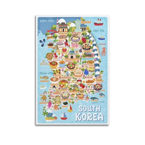 Poster carte vintage Asie Corée du Sud décoration en toile 50x75 cm pour salon