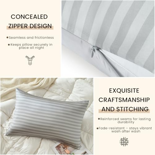 Image of THXSILK Set of 2 Mulberry Silk Pillowcase for Hair and Skin, Cooling Bed Pillow Cover with Hidden Zipper, Soft Smooth Print Silk Pillowcase Gifts for Women Men (Standard 20 inchx26 inch, Grey Stripes)