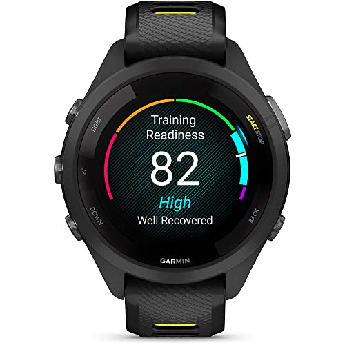 Image of Garmin Forerunner 265S Running Smartwatch, Colorful AMOLED Display, Training Metrics and Recovery Insights, Black and Amp Yellow, 42 mm (Renewed)
