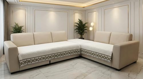 Image of Velvet Quilted Sofa Cover Mat Seat & Back, L Shape 4+3, Main L90in Chaise L69in H32in, White Color,Anti Skid Backing, 6in Hanging Strap Design, Washable Sof, Style -White-L43