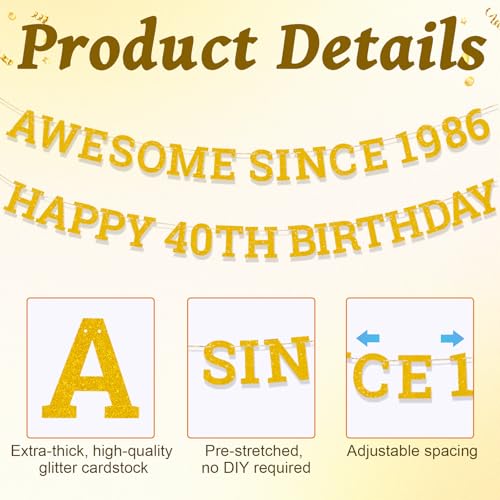 Image of Awesome Since 1986 Banner, Gold Glitter Happy 40th Birthday Banner Pre-Strung 40th Birthday Decorations for Anniversary Party Decor Supplies
