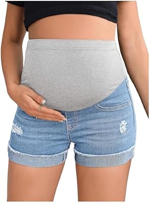 BEAUDRM Women's Maternity Adjustable High Waist Denim Mini Shorts – Comfortable Adjustable Fit
