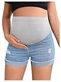 BEAUDRM Women's Maternity Adjustable High Waist Ripped Roll Up Hem Denim Mini Shorts with Pocket Light Wash A X-Large