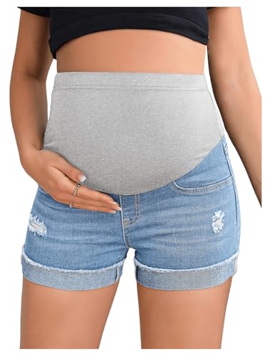 BEAUDRM Women's Maternity Adjustable High Waist Denim Mini Shorts – Comfortable Adjustable Fit
