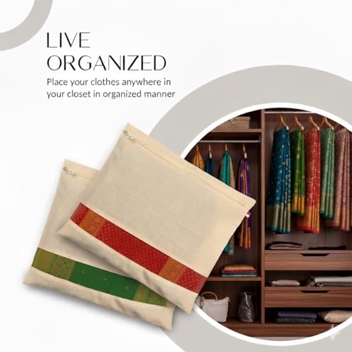 Image of Kmils Cotton Saree Cover Bags with Zipper, Saree Storage Organizer for Wardrobe, Dust Proof Garment Storage Covers for Sarees, Dresses & Ethnic Wear (16 X 14 Inches)(SAREE COVER PACK OF 12)