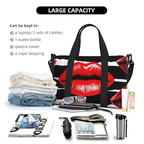 Sports Gym Bag for Women Men Travel Duffel Bag Tote Weekender Bag Carry on Overnight Bag for Travel Swimming Fitness Workout Sports Red Lips Kiss Duffle Bag4