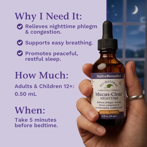 Image of Native Remedies Mucus-Clear Nighttime - Natural Sleep & Mucus Relief - Clears Nighttime Phlegm, Congestion & Coughing for Better Rest - Homeopathic Respiratory Support - 2 fl oz