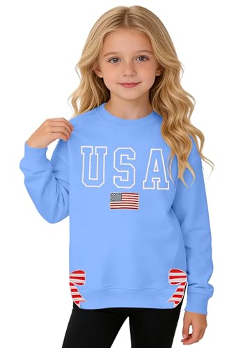 Image of Ithalt Kids USA Sweatshirt Boys Girls 4th of July Shirt American Patriotic Pullover with Embroidered Side Slits 5-14y