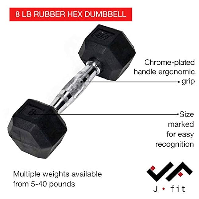 JFIT Rubber Hex Dumbbell - 15 Size, Single and Pair Options, 4-50lbs - Shaped Heads Prevent Rolling and Injury - Ergonomic Hand Weights for Exercise, Therapy, Muscle, Strength and Weight Training