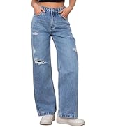 Guaile Womens Ripped Jeans High Waisted Straight Leg Stretchy Jeans Wide Leg Distressed Denim Pants