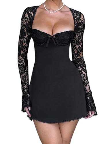 Kouoybt Women Lace Long Sleeve Mini Dress Sexy Bodycon Dress Low Cut Back Tie Backless Cocktail A-line Dresses (B-Black, M)