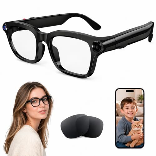 AI Smart Glasses with 8MP Camera, 4K Video, Photo Capture, Real-Time Translation, Recording, AI Assistant, Open-Ear Audio, Bluetooth, Object Recognition, Replaceable Sunglasses Lenses for Men Women