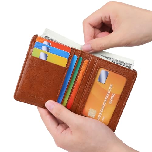Bifold Slim Men Wallet Genuine Leather Thin, Small Vertical RFID Blocking Wallets for Men ，Compact & Stylish with Clear ID Windows (Brown)4
