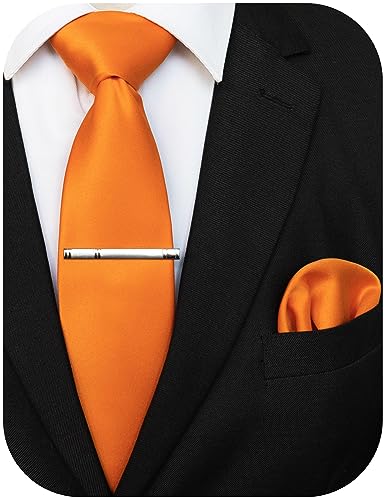 JEMYGINS Corbata para hombre con superficie mate, incluye pañuelo de bolsillo y juego de alfiler de corbata, naranja, M
