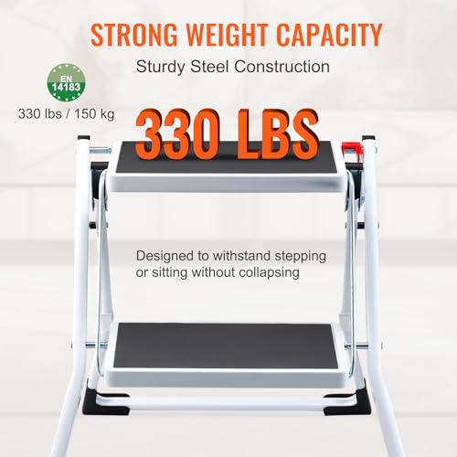 VEVOR Haushaltsleiter 500x480x450mm Trittleiter faltbar aus Stahl Stehleiter 2 Stufe Stufenleiter 150kg Tragfähigkeit Klapptritt Doppelstufenleiter 445mm hoch Küchenleiter rutschfest Tritthocker