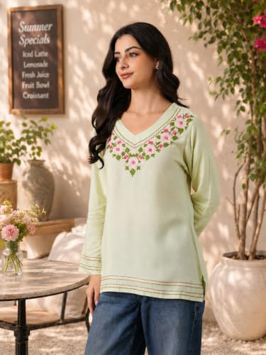 Image of QAZMI Women's Floral Aari Embroidered Viscose Rayon V-Neck Full Sleeves Short Kurti