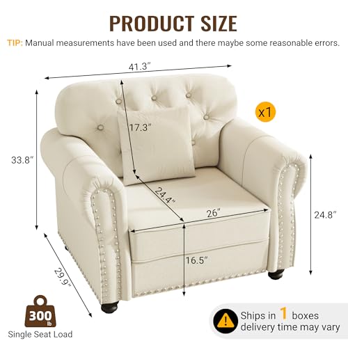 Image of KEIKI 41 inch Velvet Chesterfield Sofa with Rolled Arms & Nailhead Trim, Modern Upholstered 1-Seater Button Tufted Couch with High Resilience Cushion & 1 Pillow, Easy Assembly, for Living Room, White