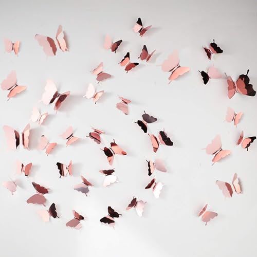 Image of 48 Piece DIY Mirror 3D Butterfly Stickers - Removable Decals for Home, Bedroom, Bathroom, Living Room (Rose Gold)