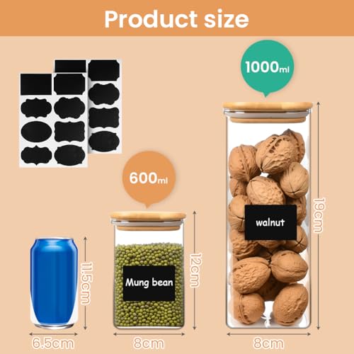 Barattoli di Cucina in Vetro, Set di 6 Barattoli in Vetro Borosilicato, 600ml e 1000ml Barattolo Vetro con Coperchio, Barattolo e Contenitori con Etichette, per Pasta, Zucchero, Caffè, Spezie - immagine 3