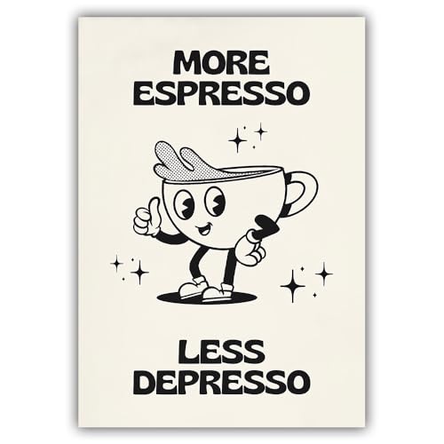 Vintage More Espresso Less Depresso Poster Cute Cartoon Coffee Cup Black and White Wall Art Funny Trendy Aesthetics Decor Home Living Room Restaurant Coffee Shop Wall Print Canvas 12x16inch Unframed