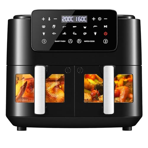 Llivekit Freidora De Aire Con 2 Cestas, Freidora Sin Aceite 9l Y 2400w, Freidora De Aire Caliente Con Panel Táctil Led, 9 Programas Y Parrillas Antiadherentes, Negro