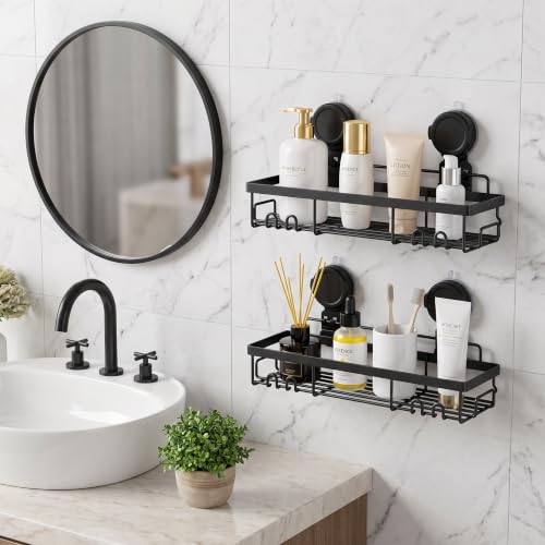 Image of Moforoco Suction Cup Shower Caddy Shelf Organizer Rack, Black Bathroom Shelves Basket, Home Farmhouse Wall Inside Organization and Storage