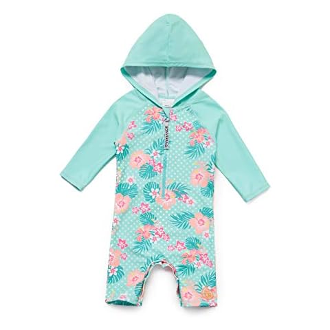 ADAVERANO Baby Girls Hooded Sunsuits/Swimsuits UPF 50+ One Piece Zipper (Flowers Green, 24-36Months) Cover