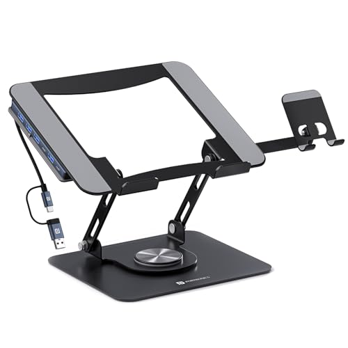 Image of Portronics My Buddy K9 Pro Max, Adjustable Laptop Stand with 6-in-1 USB Hub, 360 Rotating Base, Built-in Phone Holder, Foldable & Ergonomic, Anti-Slip Pads, Supports Up to 17'' Laptops