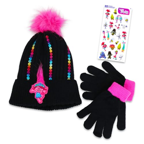 Trolls Winter Hat and Gloves Set - Cold Weather Clothes Bundle With Knit Beanie and Mittens Plus Stickers | Accessories for Girls