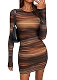 PRETTYGARDEN Women Long Sleeve Mini Fall Dress 2025 Tie Dye Print Bodycon Cocktail Party Club Outfits Homecoming Dresses (Brown Floral,Large)