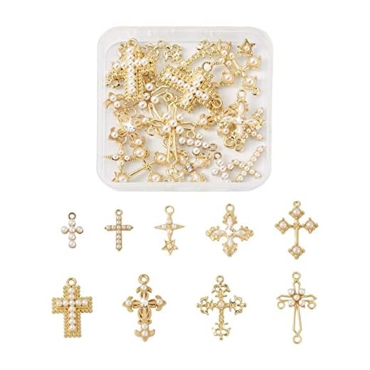 Cheriswelry 18Pcs Cross Metal Charms Light Gold Pearl Rhinestone Pendants Alloy Hanging Ornament 16-39mm 9 Styles for DIY Necklace Bracelet Earring Jewelry Making