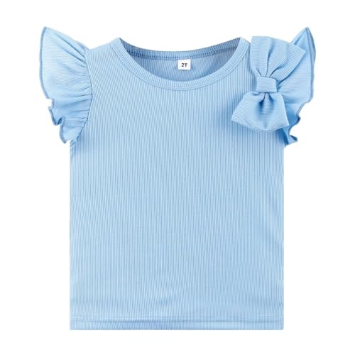 Image of Barlver Girls 2 Piece Short Set Baby Girl Summer Clothes Ruffle Sleeve T-Shirt and Bow Knot Shorts Toddler Girl Outfit Set