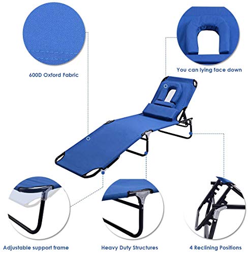 ReunionG Folding Bench Chair with A Hole for Face Down, Adjustable Chaise Lounge Chair with 4-Level Reclining Positions and Removable Pillows, Outdoor Recliner Chair for Beach, Pool, Lawn and Patio - Image 5