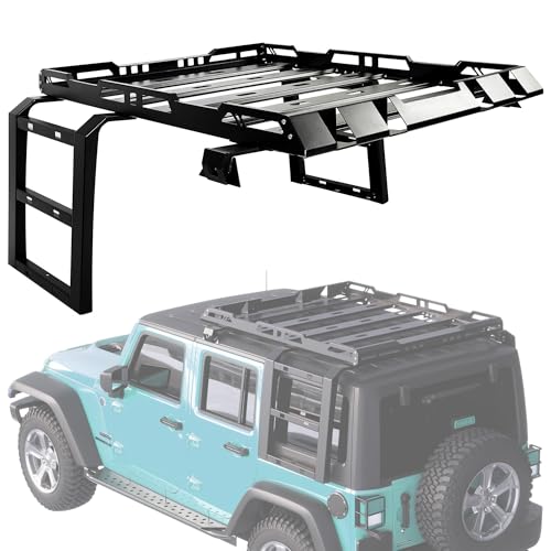 Kojem Rooftop Rack Cargo Carrier w/Double Ladders Compatible with 2007-2018 Jeep Wrangler JK 2/4-Door Utility Cargo Basket Hard Top Cross Bar Steel Powder Coated 330LBS