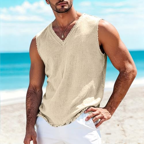 Camiseta de lino para hombre sin mangas cuello en V playa 3