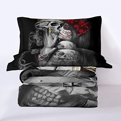 Dycolor 3D Red Flowers Girl Sugar Kiss Skull Printed Quilt, 3-Piece Gothic Crown Skull Skeleton Comforter Set With 1 Comforter And 2 Pillow Cases For Kids Women And Men (Twin) #TOP3