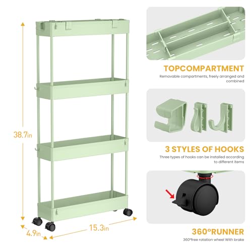 Image of SPACELEAD Slim Storage Cart 4 Tier,Bathroom Organizer Rolling Utility,Mobile Shelving Unit Slide Out for Office, Kitchen, Laundry Room & Narrow Places,Green
